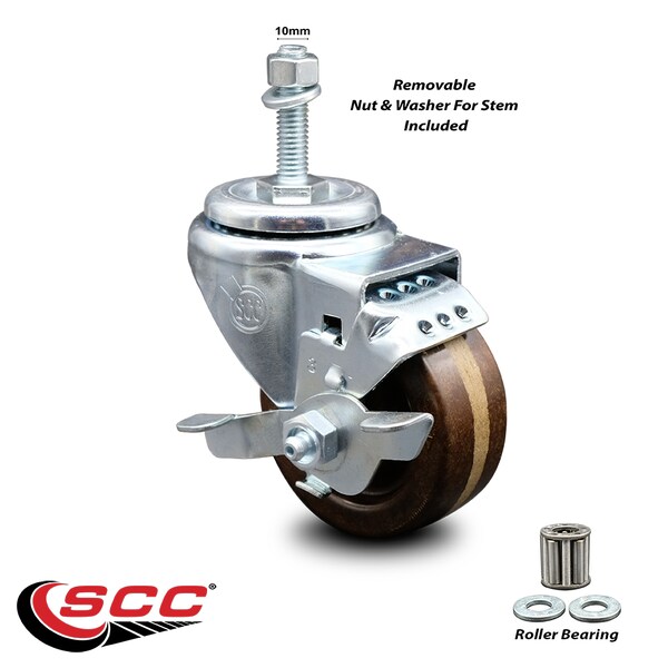 3 Inch High Temp Phenolic Wheel Swivel 10mm Threaded Stem Caster with Brake